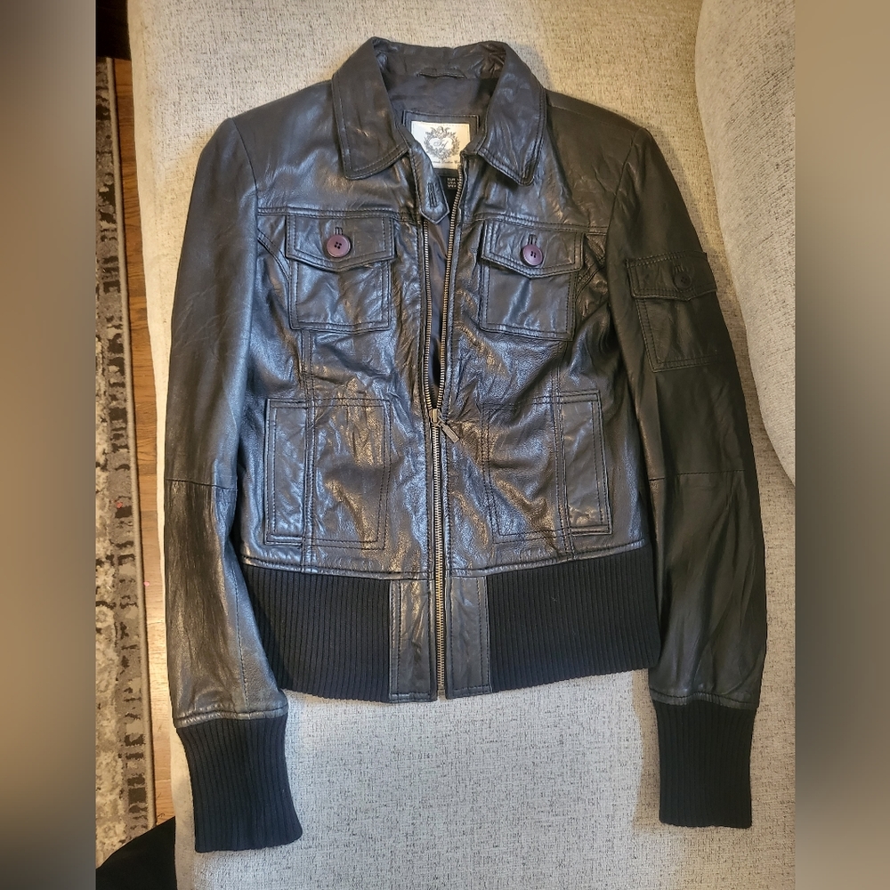 Zara TRF Black Genuine Leather Bomber Jacket Size Medium